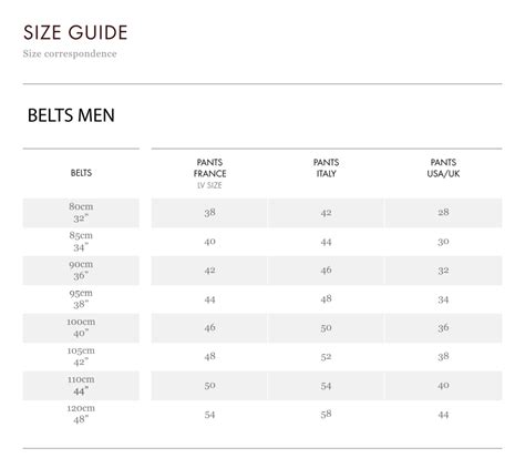 Louis Vuitton belt size chart